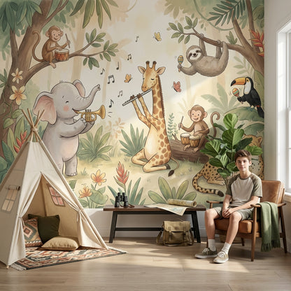 Müzikli Safari Hayvanları Poster Duvar Kağıdı Çocuk Odası Bej