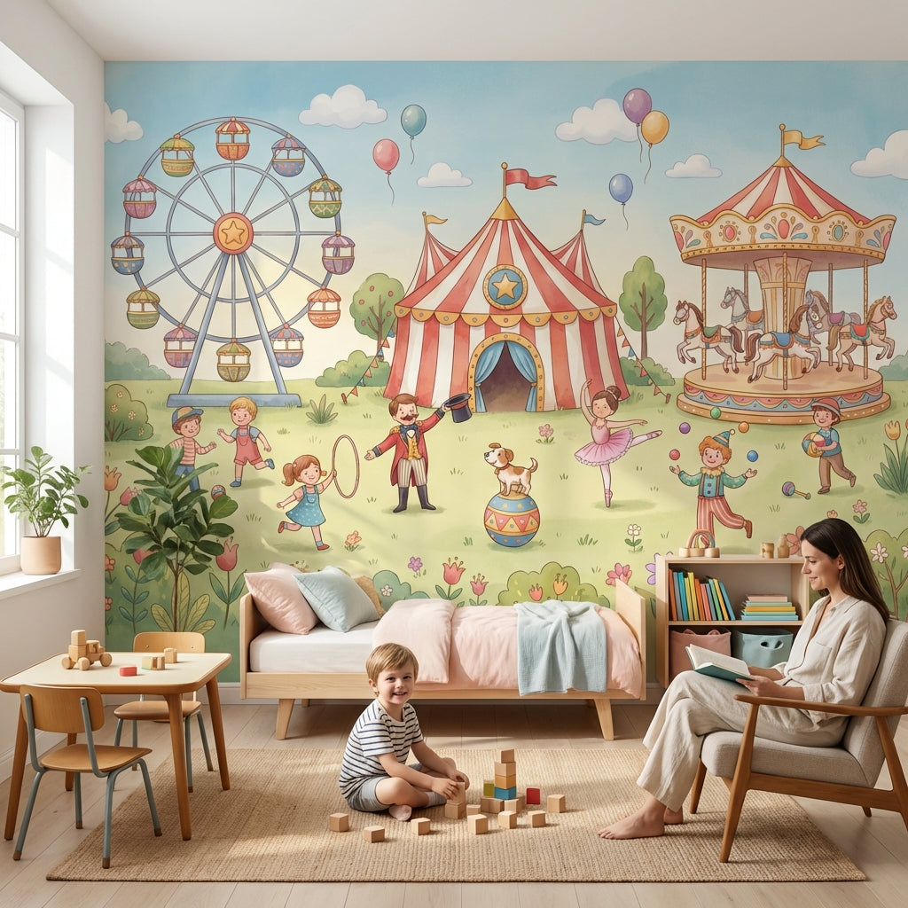 Sirk Temalı Poster Duvar Kağıdı Çocuk Odası Pastel Çizim