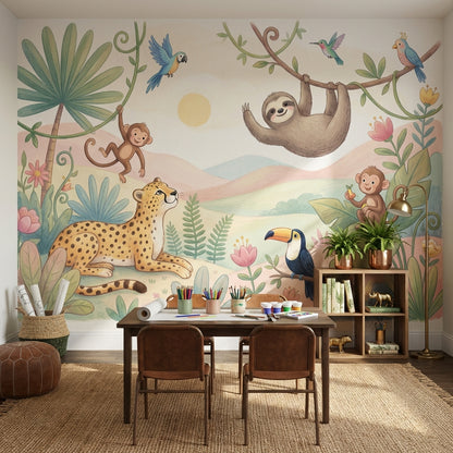 Safari Hayvanlı Poster Duvar Kağıdı Pastel Çocuk Odası Desenli