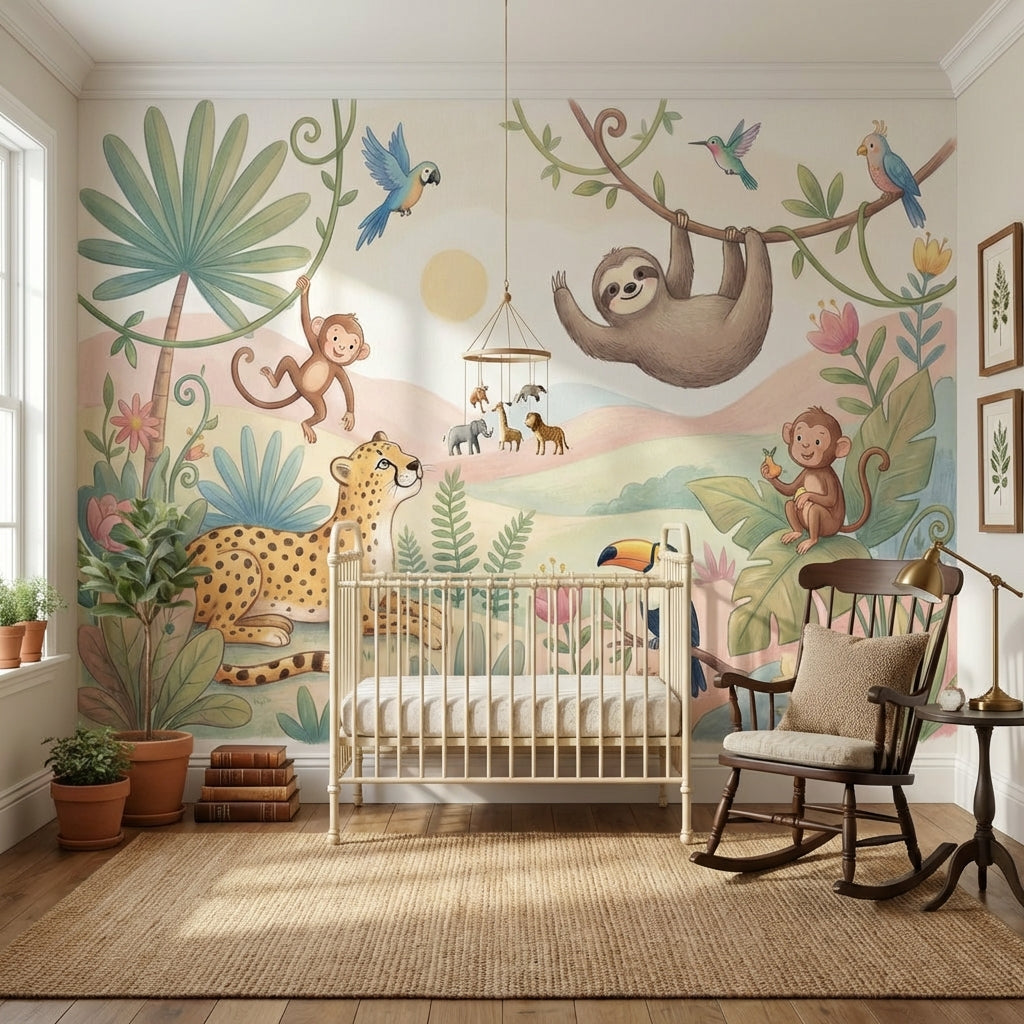 Safari Hayvanlı Poster Duvar Kağıdı Pastel Çocuk Odası Desenli