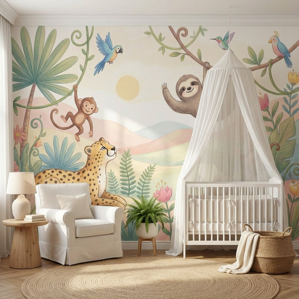 Safari Hayvanlı Poster Duvar Kağıdı Pastel Çocuk Odası Desenli