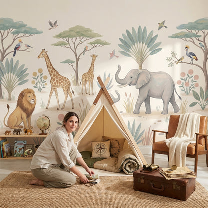 Safari Hayvanlı Poster Duvar Kağıdı Çocuk Odası Pastel Desenli