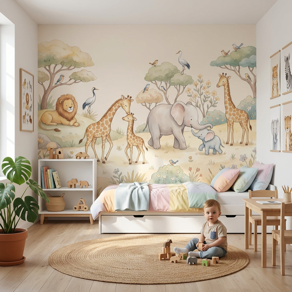 Safari Hayvanları Poster Duvar Kağıdı Pastel Çocuk Odası Duvarı