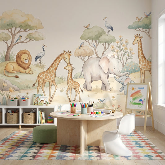 Safari Hayvanları Poster Duvar Kağıdı Pastel Çocuk Odası Duvarı