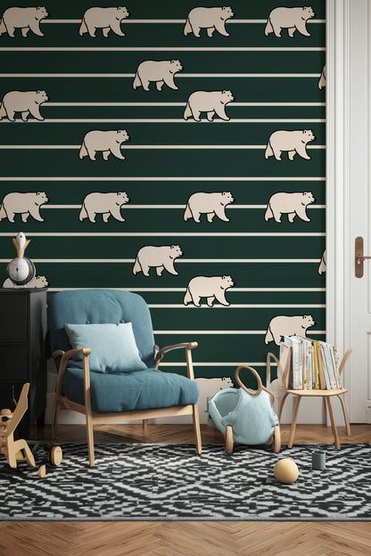 Kutup Ayılı Duvar Kağıdı Koyu Yeşil Çizgili Bebek Odası