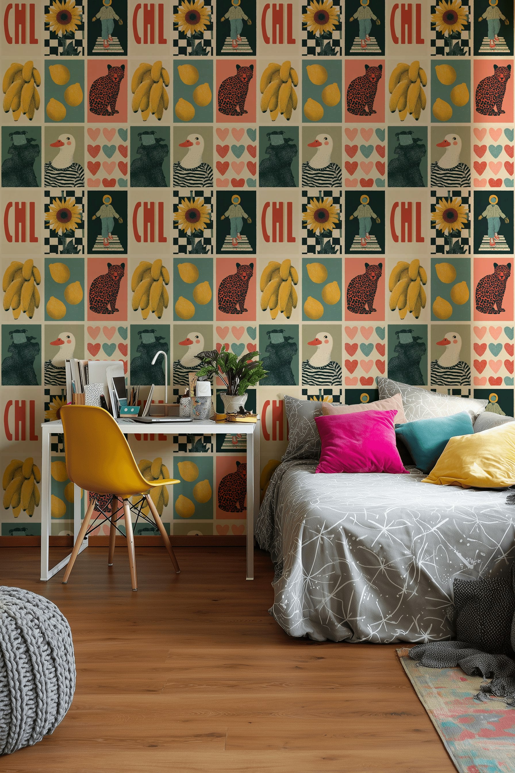 Retro Pop Art Kolaj Desenli Duvar Kağıdı Renkli Çalışma Odası