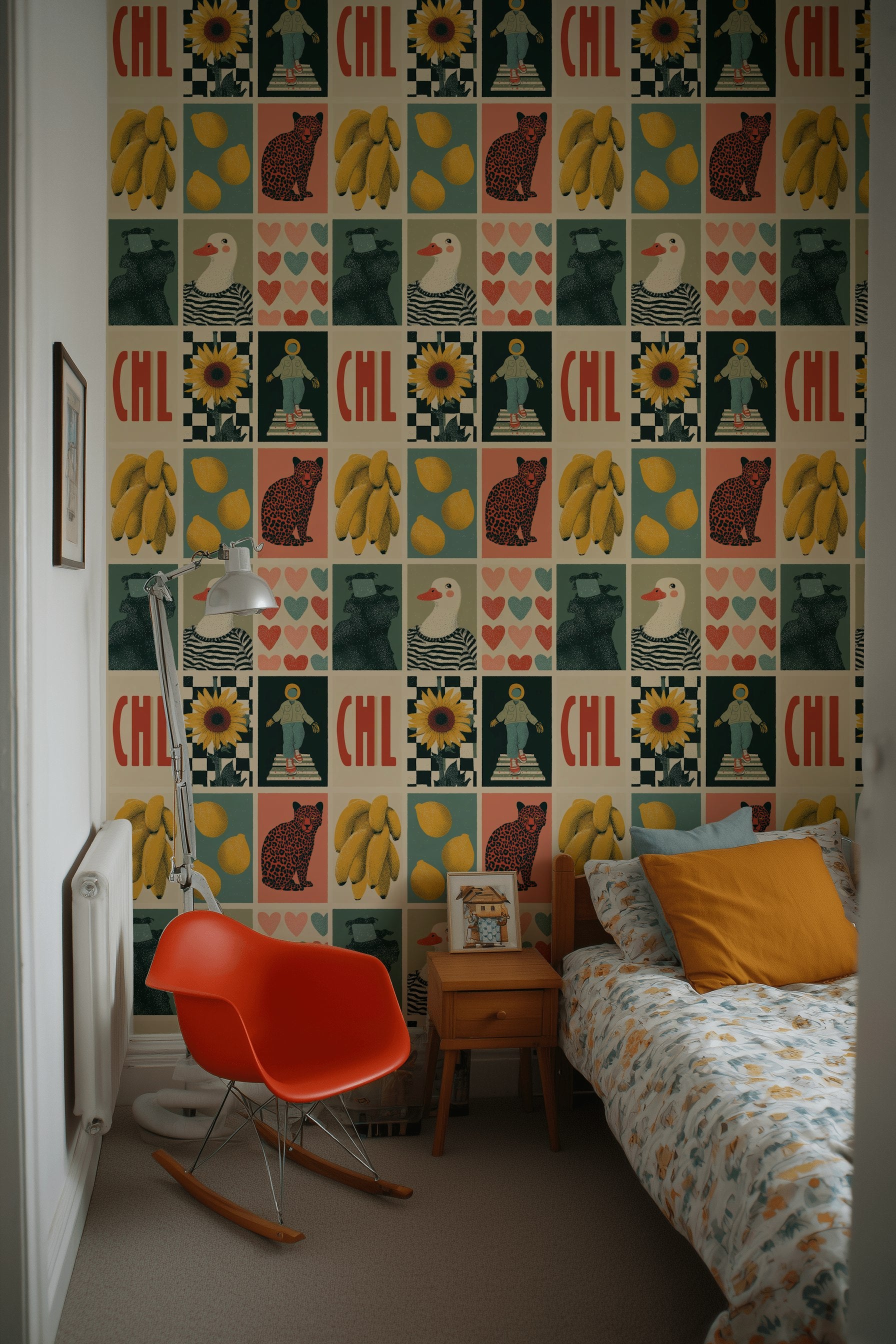 Retro Pop Art Kolaj Desenli Duvar Kağıdı Renkli Çalışma Odası