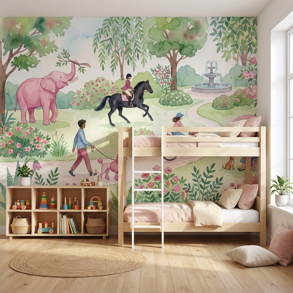 Masalsı Park İllüstrasyonlu Poster Duvar Kağıdı Çocuk Odası Pastel