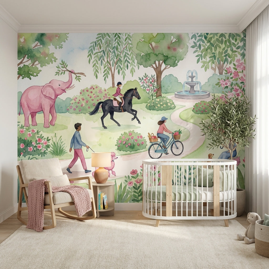 Masalsı Park İllüstrasyonlu Poster Duvar Kağıdı Çocuk Odası Pastel
