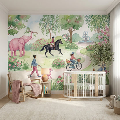 Masalsı Park İllüstrasyonlu Poster Duvar Kağıdı Çocuk Odası Pastel