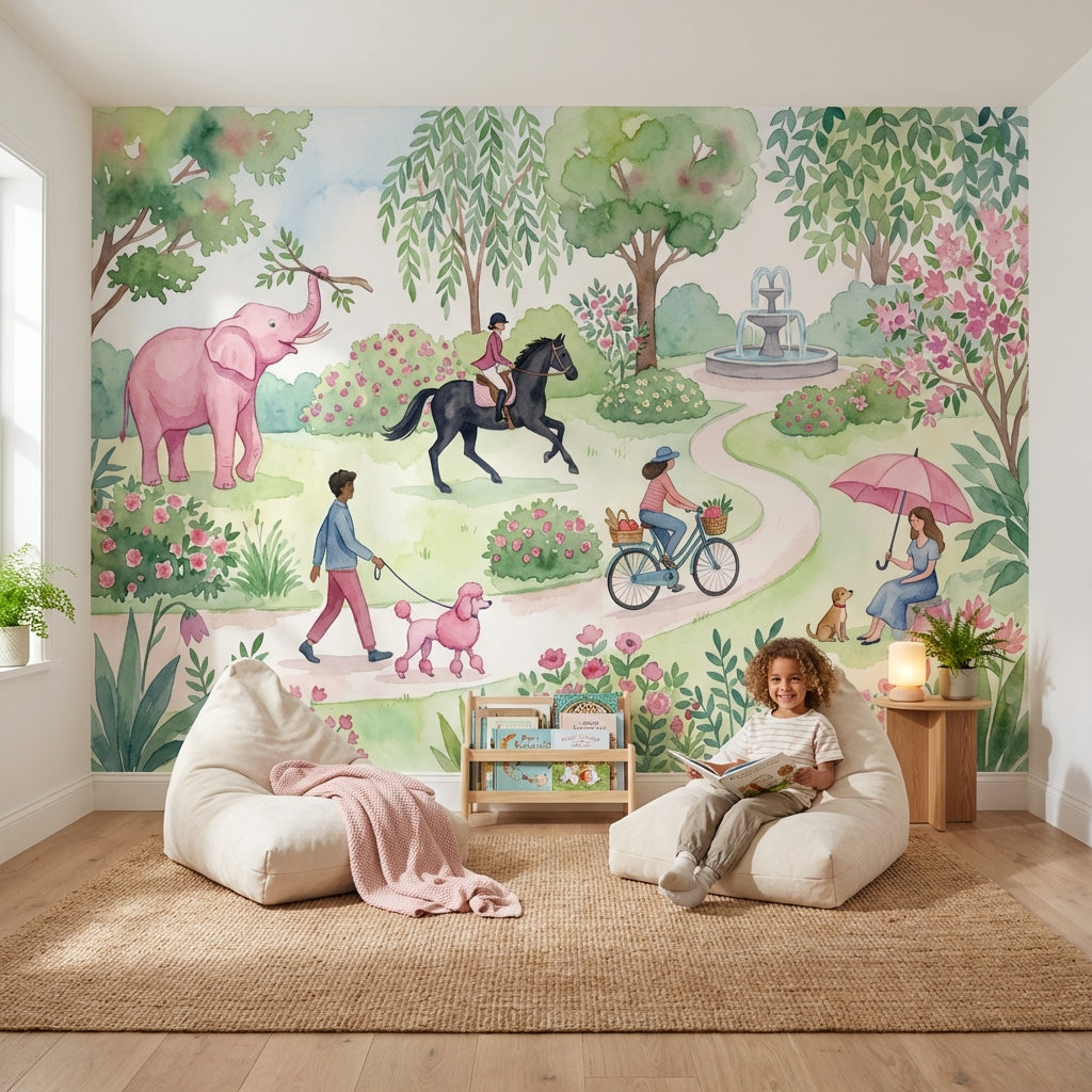 Masalsı Park İllüstrasyonlu Poster Duvar Kağıdı Çocuk Odası Pastel