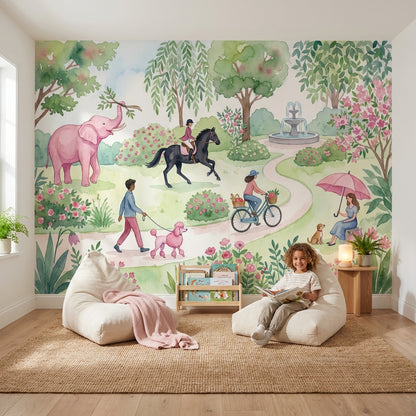 Masalsı Park İllüstrasyonlu Poster Duvar Kağıdı Çocuk Odası Pastel