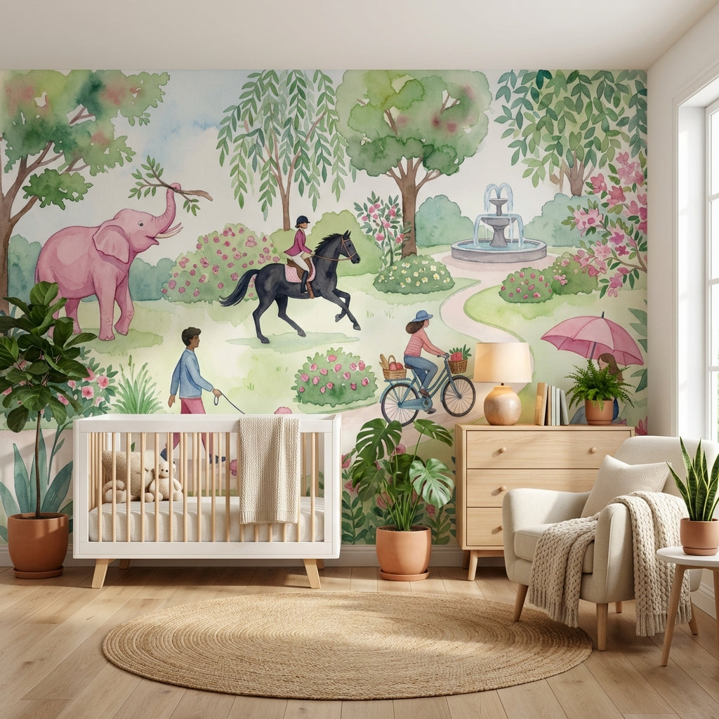 Masalsı Park İllüstrasyonlu Poster Duvar Kağıdı Çocuk Odası Pastel