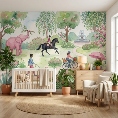 Masalsı Park İllüstrasyonlu Poster Duvar Kağıdı Çocuk Odası Pastel