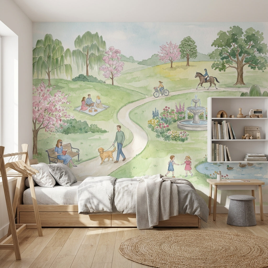 Suluboya Park Manzaralı Poster Duvar Kağıdı Yeşil Çocuk Odası