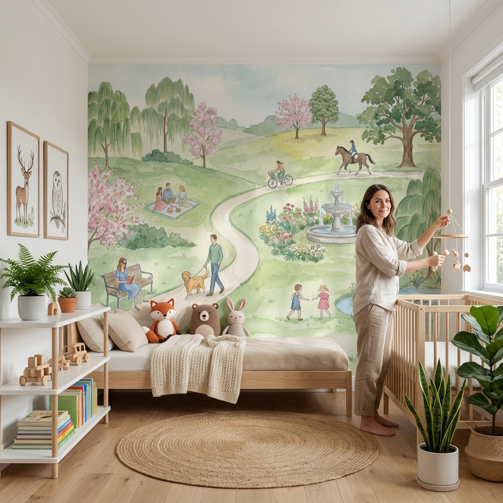 Suluboya Park Manzaralı Poster Duvar Kağıdı Yeşil Çocuk Odası