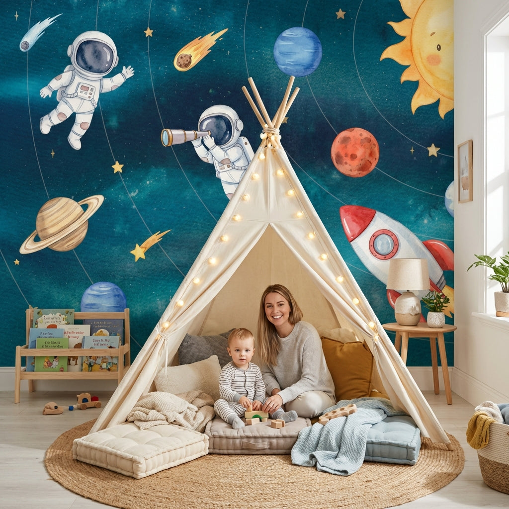 Astronotlu Uzay Poster Duvar Kağıdı Mavi Çocuk Odası