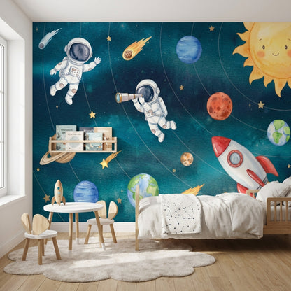 Astronotlu Uzay Poster Duvar Kağıdı Mavi Çocuk Odası