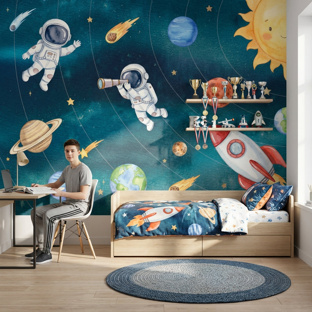 Astronotlu Uzay Poster Duvar Kağıdı Mavi Çocuk Odası