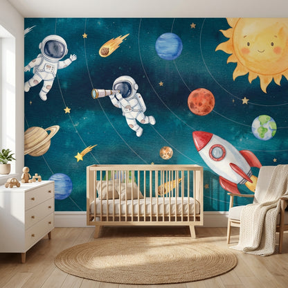 Astronotlu Uzay Poster Duvar Kağıdı Mavi Çocuk Odası