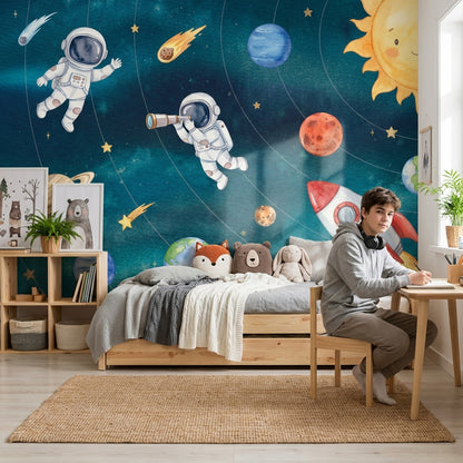Astronotlu Uzay Poster Duvar Kağıdı Mavi Çocuk Odası