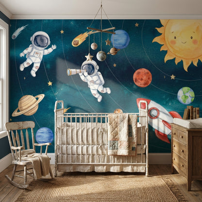 Astronotlu Uzay Poster Duvar Kağıdı Mavi Çocuk Odası
