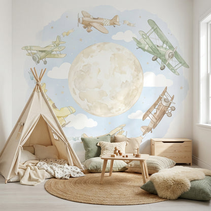 Ay ve Uçaklı Poster Duvar Kağıdı Pastel Çocuk Odası