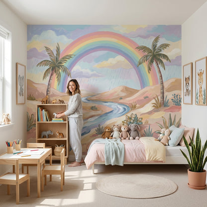 Gökkuşağı ve Palmiye Poster Duvar Kağıdı Pastel Çocuk Odası
