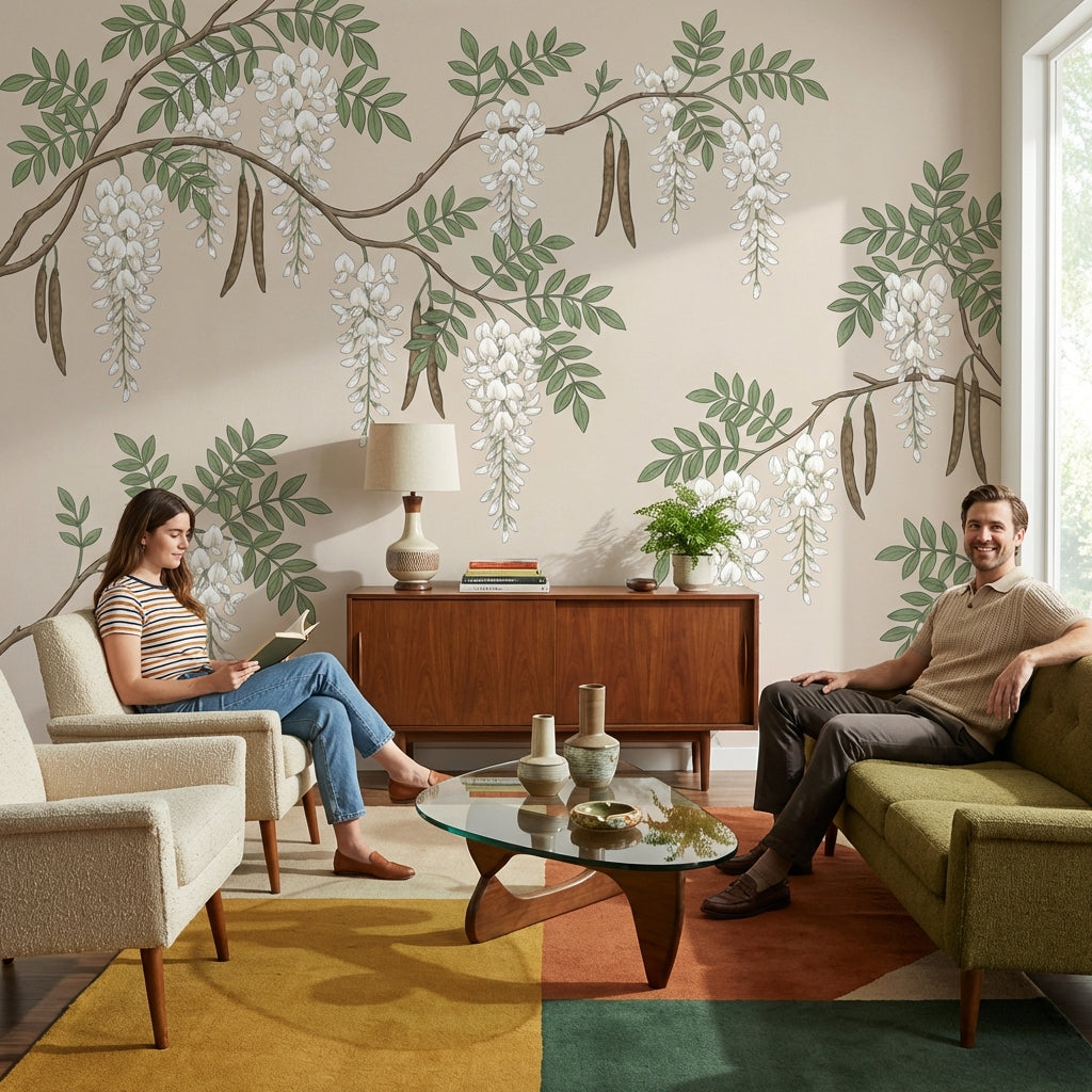 Beyaz Salkım Çiçekli Poster Duvar Kağıdı Bej Salon Duvarı