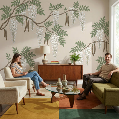Beyaz Salkım Çiçekli Poster Duvar Kağıdı Bej Salon Duvarı