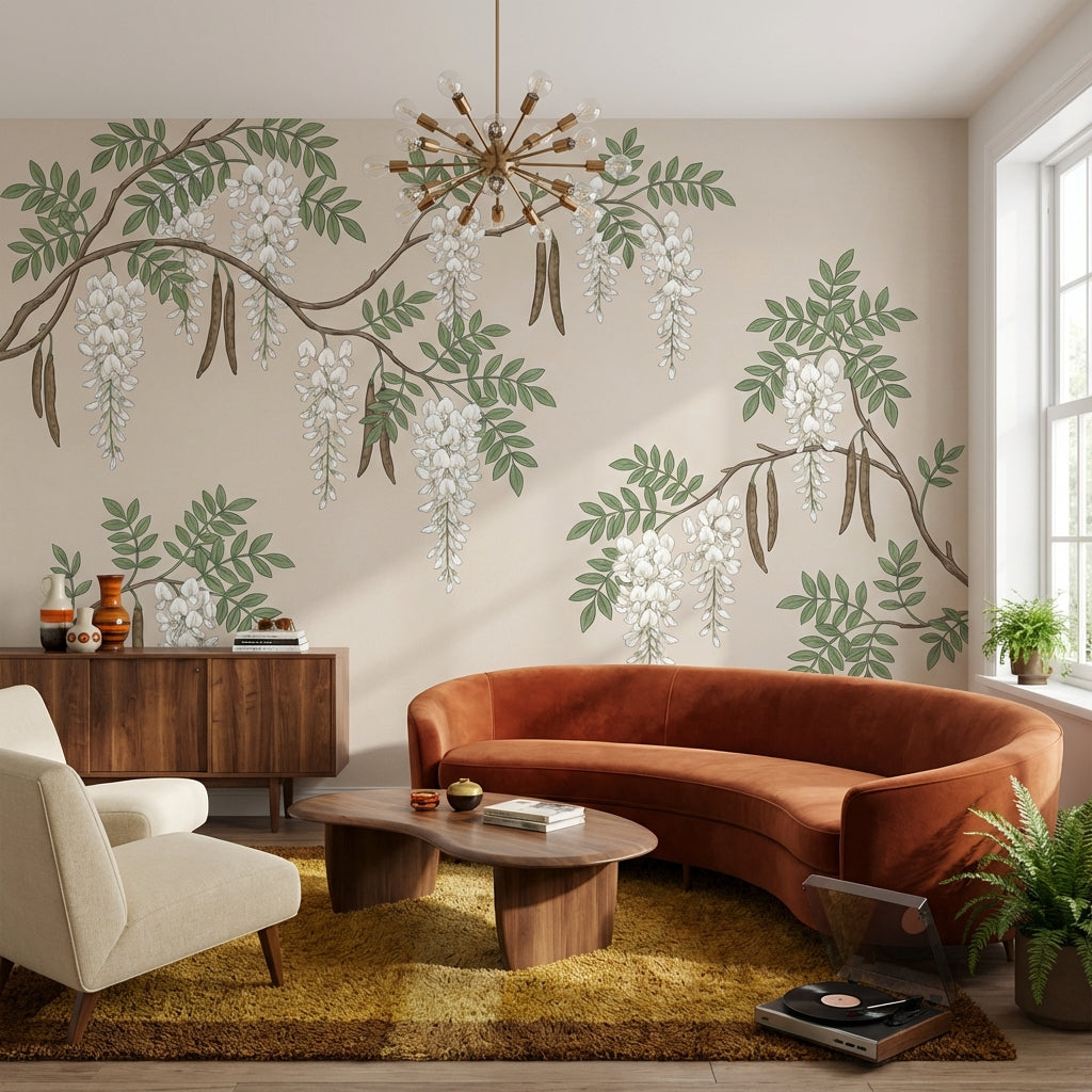 Beyaz Salkım Çiçekli Poster Duvar Kağıdı Bej Salon Duvarı