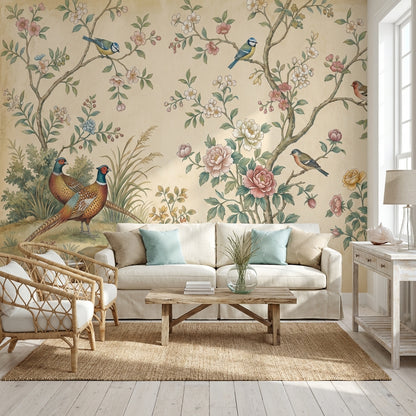 Kuş ve Çiçek Desenli Poster Duvar Kağıdı Krem Salon