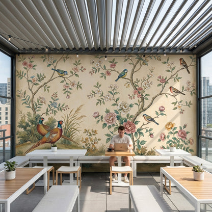 Kuş ve Çiçek Desenli Poster Duvar Kağıdı Krem Salon