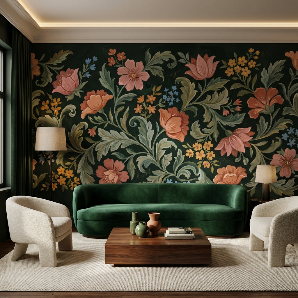 Koyu Zeminde Vintage Çiçekli Poster Duvar Kağıdı Salon