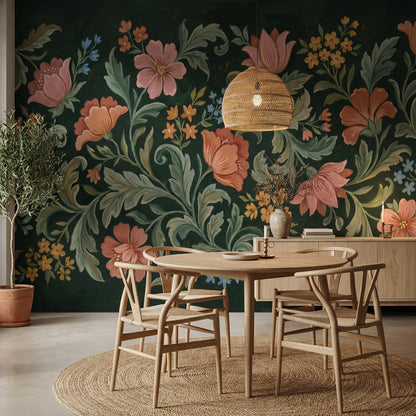 Koyu Zeminde Vintage Çiçekli Poster Duvar Kağıdı Salon