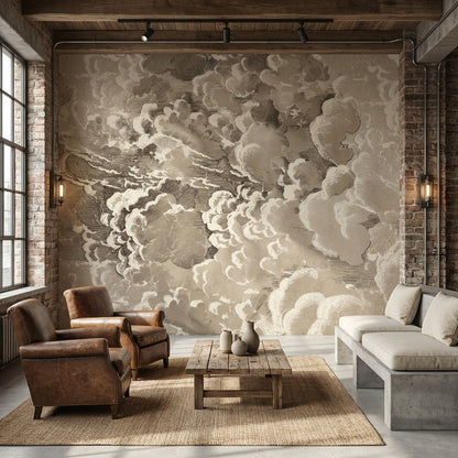 Bej Bulut Desenli Poster Duvar Kağıdı Modern Salon Duvarı