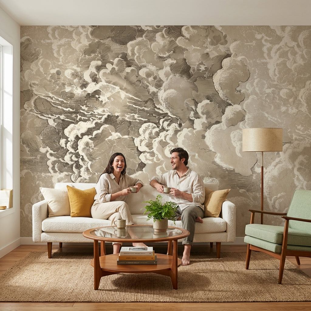 Bej Bulut Desenli Poster Duvar Kağıdı Modern Salon Duvarı