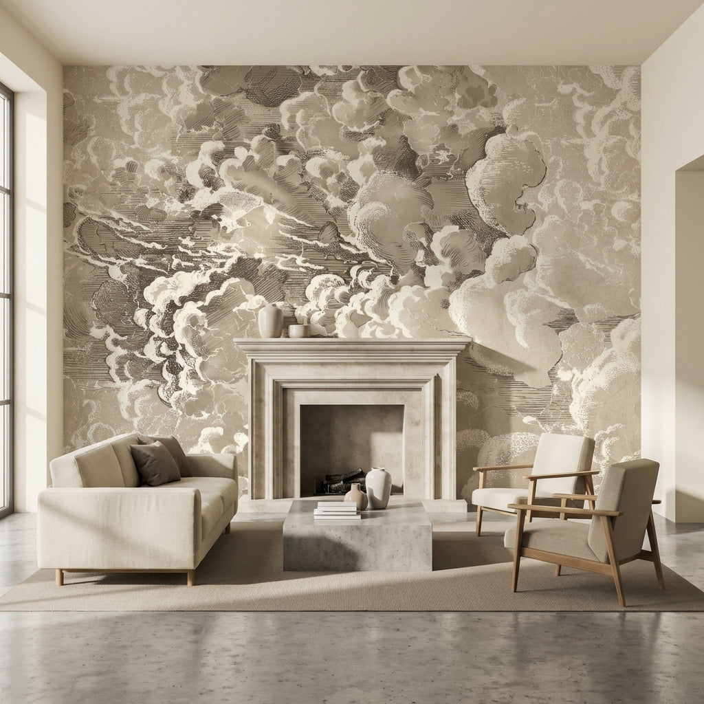 Bej Bulut Desenli Poster Duvar Kağıdı Modern Salon Duvarı