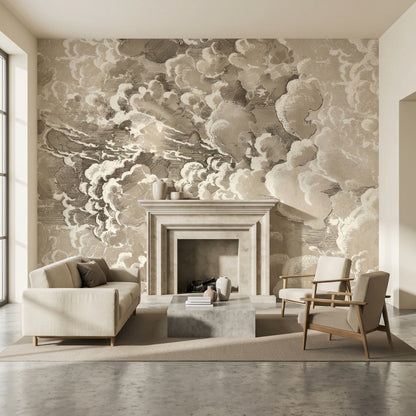 Bej Bulut Desenli Poster Duvar Kağıdı Modern Salon Duvarı