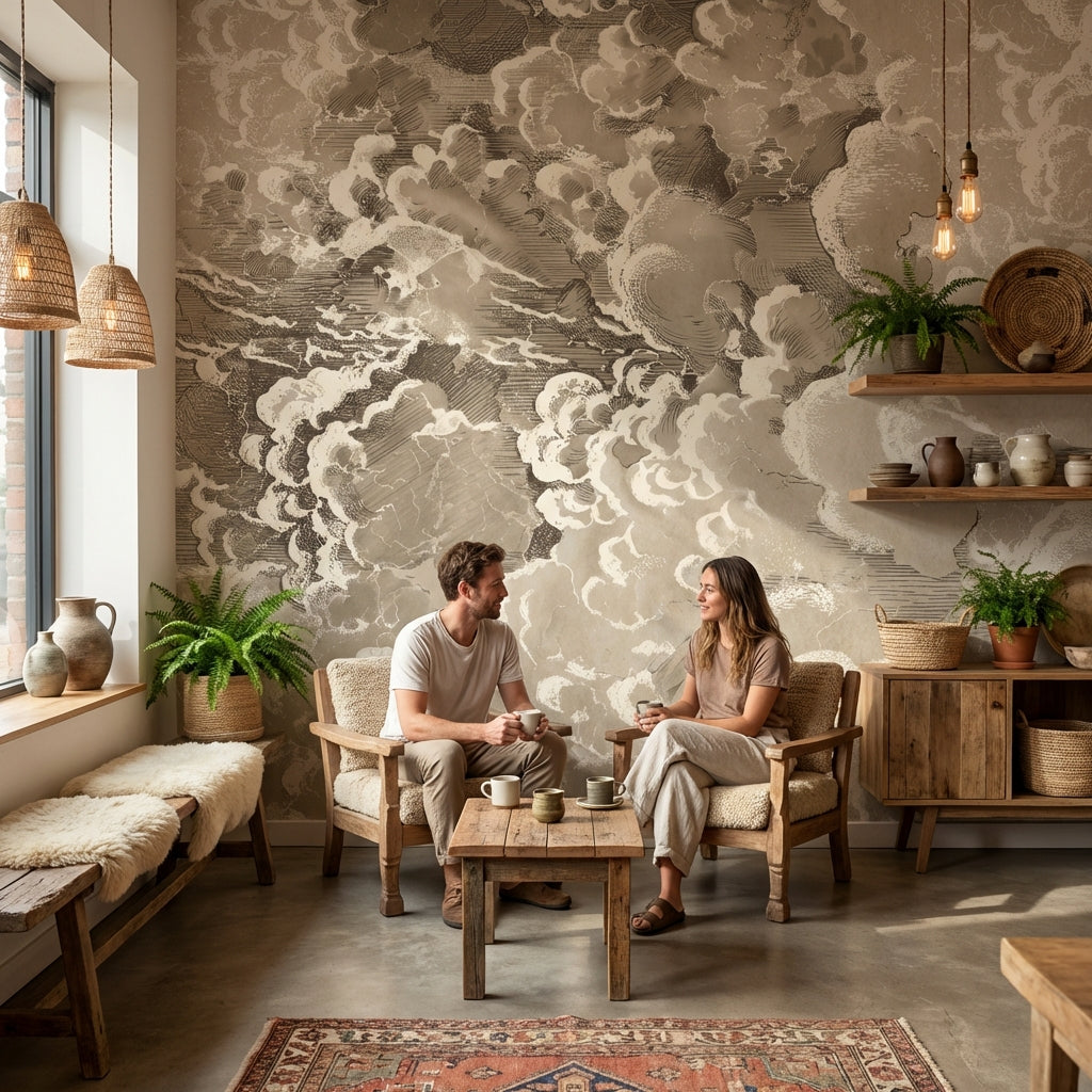 Bej Bulut Desenli Poster Duvar Kağıdı Modern Salon Duvarı