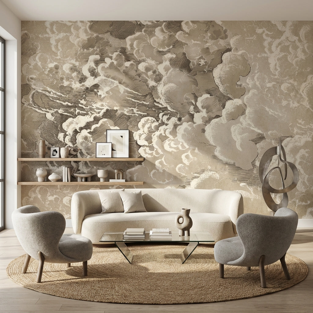 Bej Bulut Desenli Poster Duvar Kağıdı Modern Salon Duvarı