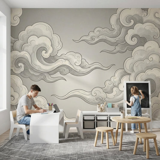 Bulut Desenli Poster Duvar Kağıdı Gri Tonlu Çocuk Odası