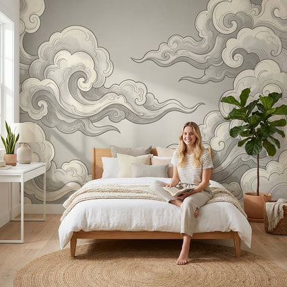 Bulut Desenli Poster Duvar Kağıdı Gri Tonlu Çocuk Odası
