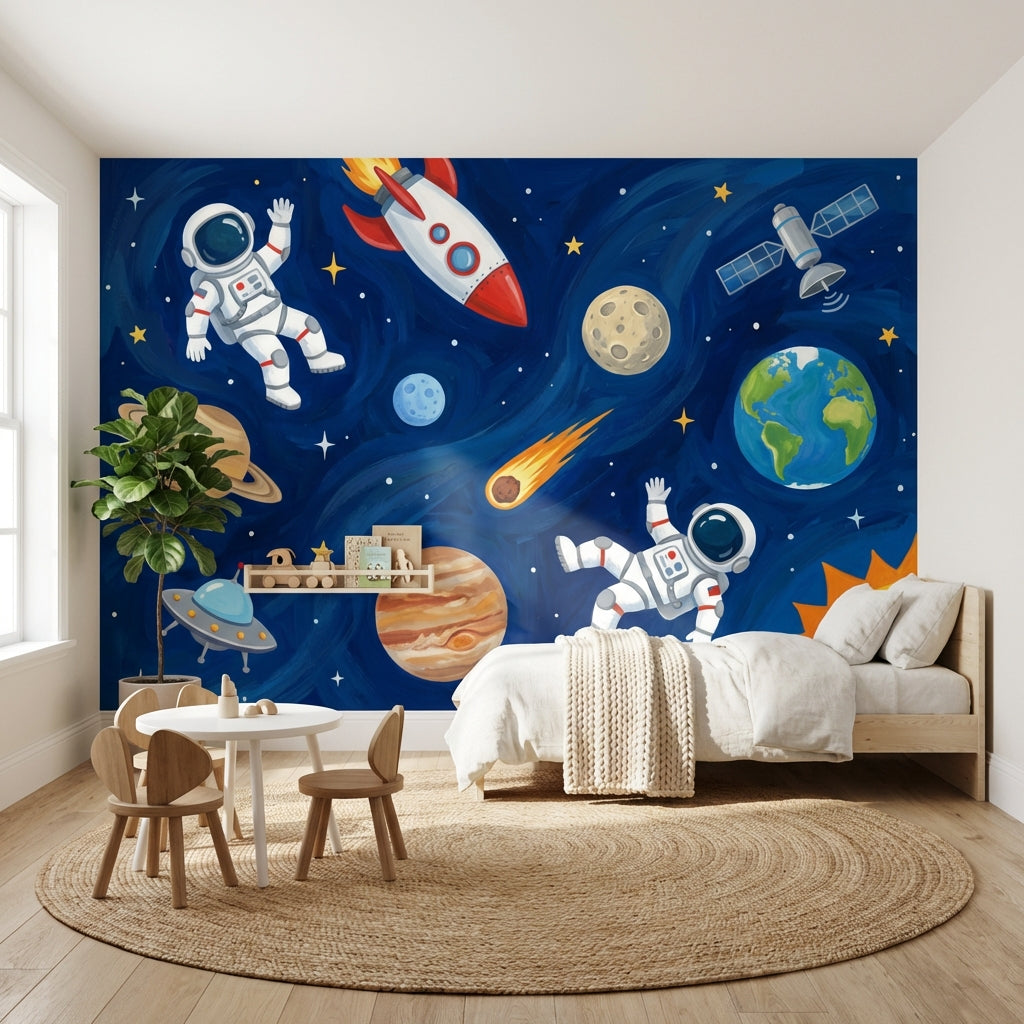 Uzay Temalı Poster Duvar Kağıdı Astronotlu Mavi Çocuk Odası