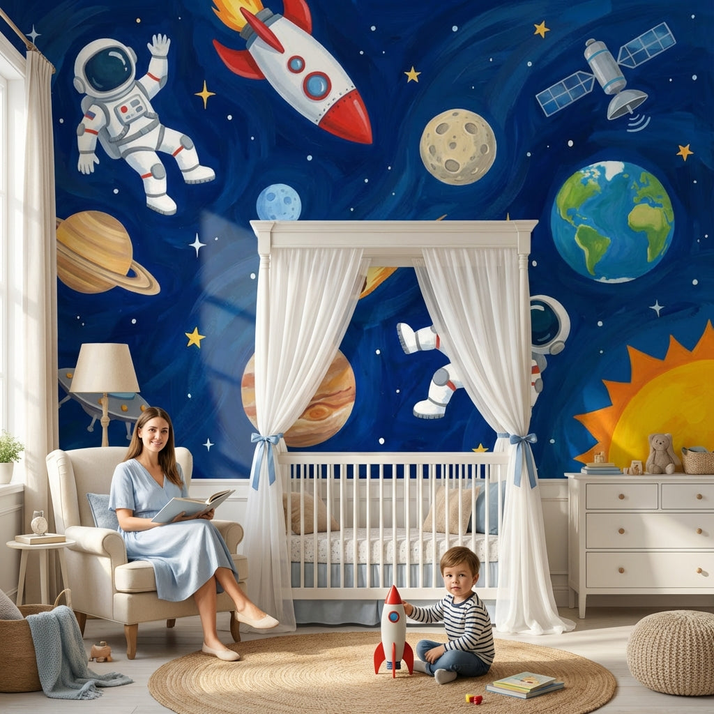 Uzay Temalı Poster Duvar Kağıdı Astronotlu Mavi Çocuk Odası