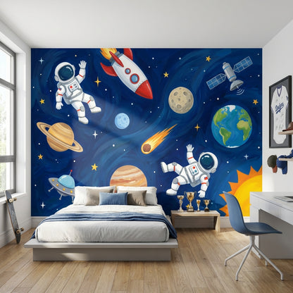 Uzay Temalı Poster Duvar Kağıdı Astronotlu Mavi Çocuk Odası