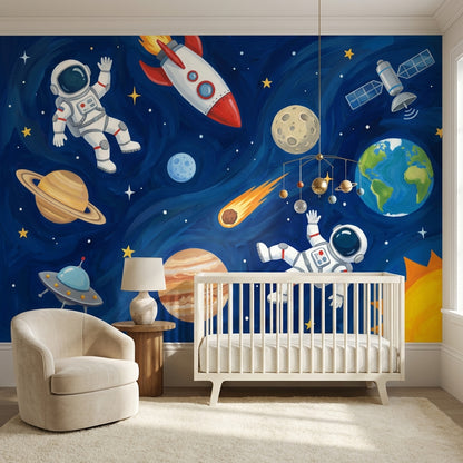 Uzay Temalı Poster Duvar Kağıdı Astronotlu Mavi Çocuk Odası