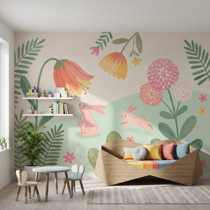 Tavşan ve Çiçekli Poster Duvar Kağıdı Pastel Çocuk Odası