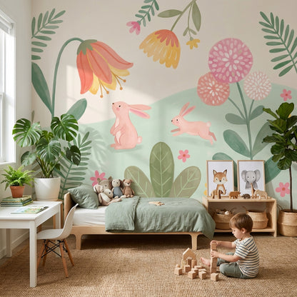 Tavşan ve Çiçekli Poster Duvar Kağıdı Pastel Çocuk Odası