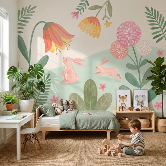 Tavşan ve Çiçekli Poster Duvar Kağıdı Pastel Çocuk Odası